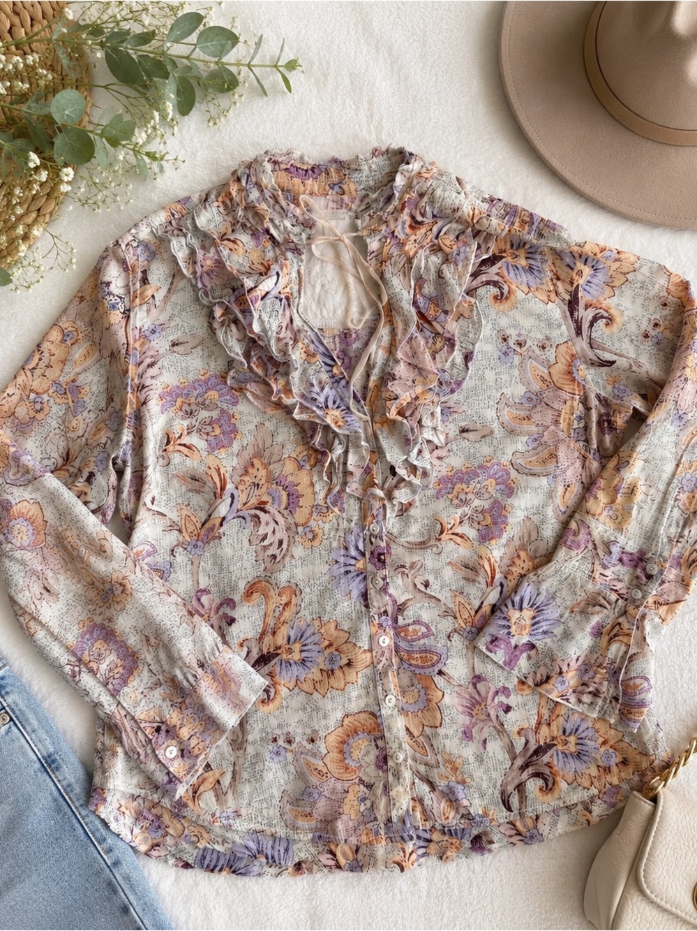 Cino Made in India Boho Floral Ruffle Blouse Size M